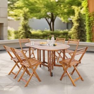 [en.casa] Salon de Jardin 7 Pièces avec Table à Manger avec Trou de Parasol et 6 Chaises Pliantes Ensemble de Meubles pour Extérieur Terrasse Patio Balcon Bois d'Acacia Naturel