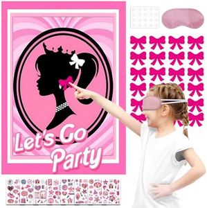 ZCOINS Pin The Bow on The Girls Head Game, Pink Poster with 24Pcs Reusable Bow Stickers and 8Pcs Princess Stickers Set for Kids Girls Birthday Activity Party Supplies Wall Decorations