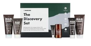 ManCave Discovery Gift Set with 6 Natural Grooming Essentials for Men, Shower Gel, Body Scrub, Deodorant, Eye Gel, Moisturiser, Face Wash, Sulphate Free, Vegan friendly, Made in England