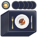 APLKER Placemats and Coasters Set of 6, PU Leather Heat Resistant Washable Non-Slip Waterproof Table Mats for Kitchen Dining Table Home Décor 42 x 30 cm (Navy Blue)