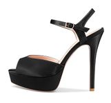 DearOnly Women Stiletto High Heel Platform Peep Open Toe Ankle Strap Sandals Sexy Wedding Dress 5.1 Inches Heels Pumps, Black Satin, 11.5