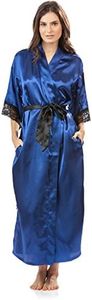 Ashford & Brooks Women's Satin Lace Trim Long Kimono Robe - Royal Blue - Small