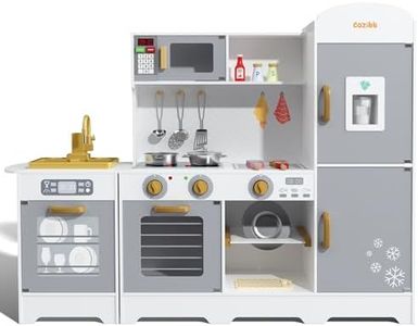 CoziBB Kinderküche, Küchenspielzeug, XXL Spielküche Holz Mit Wasserhahn, Kühlschrank, Mikrowelle, Backofen, Eismaschine, Geschirrspüler Und Grill, Für Kinder Ab 3 Jahren
