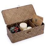 BTSKY 3 Compartments Handmade Rattan Storage Basket with Lid, Handwoven Basket Home Organizer Bins,Seagrass Wicker Storage Bins for Toilet Tank Top Bathroom, Coffee