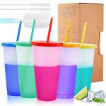 CUJIM Reusable Color Changing Cup - 5 Pack 24oz Travel Iced Coffee Mug Tumbler with Straw Lid,Plastic Smoothie Milkshake Bottle Magic Cold Drink Party Water Cups & Go Cup for Kids Adults