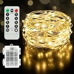 Twinkle Star Christmas Copper Fairy Lights Battery Operated, 33ft 100 LED Waterproof Silver Wire String Light, Remote 8 Modes Indoor Outdoor Xmas Tree Wedding Party Decorations, Warm White, 1 Pack