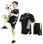 Hikewin Kids Sport Shorts Sets Boys Football Training Suit Shorts and T-shirt Set School PE Tracksuit Mesh Sport Uniform Jersey Kit Black 4-5Years