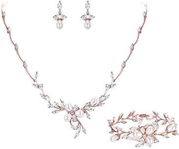 EVER FAITH Set Gioielli Donna, Zircone Perla simulata Fiore Foglia Filigrana Collana Orecchini Braccialetto Set Rose Oro-Fondo