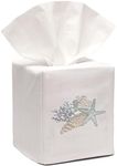 Jacaranda Living Square Tissue Box Cover, Linen/Cotton Fabric Tissue Holder, Decorative Cloth Tissue Cube Cover, Coastal Designs Shell Collection (Duck Egg Blue)