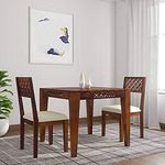 Porash Furniture Sheesham Wood 2 Seater Dining Table with 2 Cushion Chairs for Dining Room Living Room Home Office Wooden CNC Design Dinner Table Furniture (Teak Finish) | 1 Year Warranty