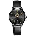 OLEVS Women Wrist Watches Ultra Thin 6.5mm Minimalist Business Dress Waterproof & Date Black Leather Strap Slim Watches for Women