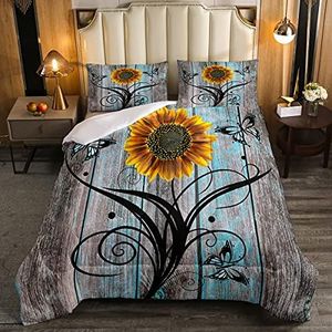 Sunflower Duvet Insert Yellow Floral Flowers Down Comforter For Kids Girls Teens Adults,Butterfly Garden Theme Bedding Quilted Retro Fence Rustic Country Style Comforter Set Queen Size Blue