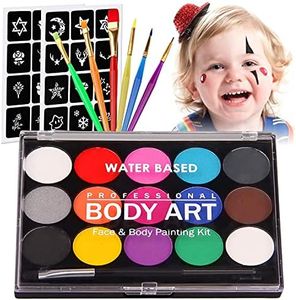 Siebwin Pinturas Cara para Niños Kit Maquillaje 31Pcs, 15 Colores Seguridad No Tóxica Pintura Facial, Kit de Pintura Facial con 24 Plantillas 7 Pinceles para Niños Halloween Fiestas Cosplay