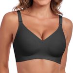 Litthing Comfort Seamless Bras for Women Push Up Wireless Bra V Neck Full Support T-Shirt Bralettes with Bra Extender Black