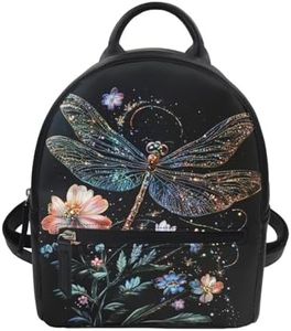 Freewander Mini Backpack for Women Dragonfly Flowers Small Leather Backpack Purse for Teen Girls Casual Daypack Daily Use Shoulder Bag with Zipper for Ladies Travel Rucksack