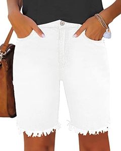 Utyful Women's Bermuda Jeans Shorts Summer Raw Hem Distressed Denim Shorts Brilliant White Size X-Large