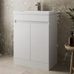 600mm Bathroom Vanity Unit with Wash Basin Ceramic Sink, 2 Double Door, Cloakroom Storage Furniture Under Basin Cabinet, Floorstanding Cabinets, White Gloss