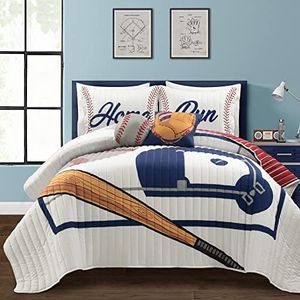Lush Decor Baseball Game Reversible Quilt Queen Size 5 Piece Set Full/Queen White & Red - Kids Bedding Set Full Quilt - Sports Decor - Baseball Bedding