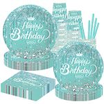 Teal and Silver Party Tableware -Teal and Silver Birthday Party Supplies Including Teal and Silver Plates, Cups, Napkins Straws for Teal and Silver Birthday, Baby Shower Party Serves 10