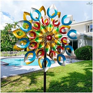 Cyan Oasis Yard Garden Wind Spinners with Stake - Large Outdoor Metal Wind Spinners, Lawn Yard Art Garden Decor (24" W x 84" H)