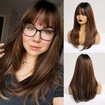 HARICUBE Wigs for Women - Long Straight Layered Wigs with bangs Wigs Natural Synthetic Heat Resistant Wigs (Mixed Brown)