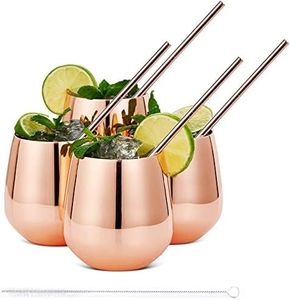 Oak & Steel - 8 Elegant Stainless Steel Stemless Wine Glasses Gift Set, with Reusable Straws and Cleaning Brush, Shatterproof Wine Tumblers for Gin, Cocktails, Party - 350ml (Rose Gold) (8, Rose Gold)