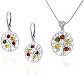 AMBEDORA Women's Silver Jewellery Set Tree of Life II, Pendant with Necklace and Earrings, Colourful Baltic Amber, 925 Sterling Silver, Gift Idea, Sterling Silver, Amber