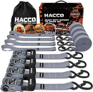 HACCOPLANET Ratchet Straps, 5280lb Break Strengeth, 1.6" Heavy Duty Ratchet Tie Down Strap Set w/Padded Handle, S Hook, Soft Loop for UTV Motorcycle Truck Cargo Straps (Grey, 8FT)