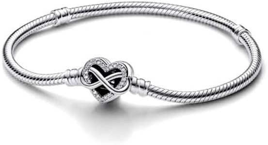 Pandora Moments Sterling Silver Snake Chain Bracelet with Eternity Heart Clasp with Clear Cubic Zirconia, 19 cm, Silver, Zircon