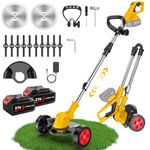Cordless Strimmer with Support Wheels, Foldable Grass Trimmer 21V, 500W Brush Cutter with 2x 3.0Ah Batteries, 12 Blades, 90° Head, Telescopic Lawn Edger, Compatible with Makita 18V Battery, Garden