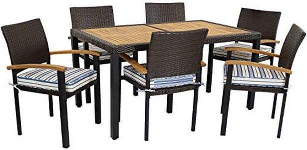 Sunnydaze Carlow 7-Piece Rattan and Acacia Outdoor Dining Set - 1 Table and 6 Chairs with Seat Cushions - Blue Stripe