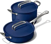 Risa Induction Cookware Pot and Pan Set by Eva Longoria - Nonstick, Ceramic Coating, Stainless Steel Handle Cookware Set - 10 inch Pot, 11 Inch Pan w/Lid - Deep Blue - Kitchen Sets for Cooking