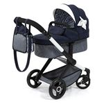 Bayer Baby Dolls Pram XEO - Convertible Doll Pushchair, Carrycot & Changing Bag - Stroller with Adjustable Handle Height for Girls, Tall Dolls Pram for 6+, 3-5 Year Olds - Navy Blue, Ribbon