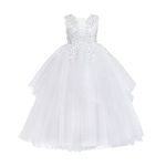 Girls' Special Occasion Dresses Sleeveless Vintage Floral Lace Princess Tulle Tutu Junior Bridesmaid Dresses Wedding First Communion Pageant Birthday Party Maxi Formal Prom Ball Gown White 7-8 Years