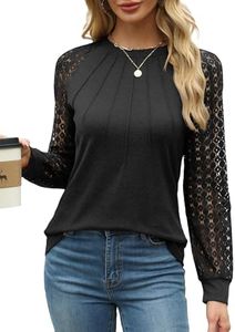 XIEERDUO Womens Long Sleeve Shirt Women Lace Long Sleeve Tops Crew Neck Pleated Blouse for Womens Plus Size Sweaters Fall Clothing Trendy 2024 Black Size 18-20