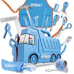 Hi-Spec 17 Piece Kids Tool Kit with Blue Truck Tool Box, Kids Apron with Pockets, Level, REAL Small Size Hand Tools, Safety Scissors DIY Construction Educational Childrens Tool Set. Gift for Boys