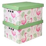 Cardboard Storage Boxes with Lid, Decorative Wardrobe, Closet, Home & Office Organiser with Handle, Flat-Packed, Stackable File Box, Gift for Adults & Kids, Set of 2, Large - Flamingos and leaves