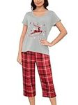 MyFav Christmas Pyjamas for Women Soft V Neck Short Sleeve Funny Deer Print Sleepwear Casual Two Piece Pjs Loungewear,Gray Deer,3XL