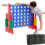 Giant 4 in a Row Game with Carrying Bag, Giant 4-to-Score Game Set with Basketball and Hoop, Ring Toss, Indoor & Outdoor Family Party Game for Kids & Adults (Blue)