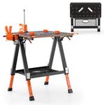 TANGZON Folding Workbench, Height Adjustable Flip-Top Work Bench Saw Horse Workstation with 4 Clamp Dogs & 2 Quick Clamps, Portable Heavy Duty Work Table Tool Stand (Orange, 70 x 65 x 60-91cm)