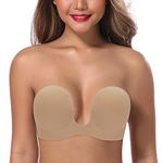 JOATEAY Women's Strapless Backless Bra Plunge Push Up Underwire Adhesive Halter Bra with Clear Strap, Nude, A