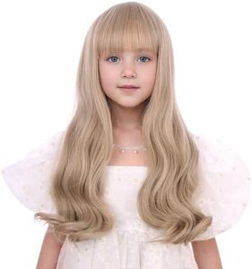 Edivd Mixed Blonde Wig for Kids Child Long Ash Blonde Wig with Flat Bangs Long Blonde Wavy Curly Wig for Girls Heat Resistant Synthetic Wig with Wig Cap