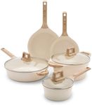 GreenLife Arte 8 Piece Ceramic Nonstick Cookware Pots and Pans Set, Induction Suitable, PFOA & PFAS Free, Wood Print Handles, Glass Lids, Stock Saucepans & Frying Pans, Dishwasher Safe, Speckled Cream