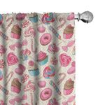 Ambesonne Candy Cane Window Curtains Pack of 2, Yummy Lollipop Candy Macaroon Cupcake and Donut on Polka Dots Pattern, Lightweight Set with Rod Pocket, 4 Panels of - 28" x 84", Pink Cream