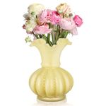 Joeyan Hand-Made Blown Light Yellow Coloured Glass Flower Vase with Waved Mouth Ribbed Body Design for Home Wedding Table Centerpieces Decor, 20cm Thick Heavy Vintage Pedestal Vase for Living Room