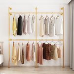 Industrial Pipe Clothing Rack, Heavy Duty Metal Clothes Rack with Double Rods for Hanging Clothes, Wall Mount Space-Saving Garment Display Rack (Double, Gold)