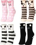 4 Pairs Women Fuzzy Socks Non-Slip Microfiber Winter Warm Socks Fluffy Soft Cute Animal Home Slipper Socks for Women Girls, Multicoloured, One Size