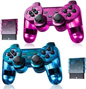 Burcica Wireless Controller for PS2 Play station 2 Dual Vibration 2 - ClearBlue and ClearPurple