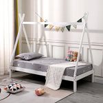 SlumberWorx HARRY KIDS WOODEN TEEPEE TENT SINGLE BED FRAME OPTIONAL TRUNDLE & MATTRESS - GREY/WHITE (White, No Mattress)