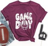 Game Day Football Shirt for Women Football Mom Tshirt Funny Short Sleeve Sunday Tee Top, Purple, Small